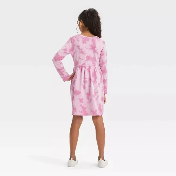 Cat & Jack - Girls' Long Sleeve French Terry Tie-Dye Dress - Magenta Wash - Picture 2 of 9